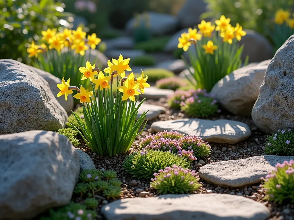 Alpine Daffodil Rock Garden - A sunlit natural rock garden featuring clusters of delicate yellow miniature daffodils nestled between weathered gray and brown stones on a gentle slope. Low-growing sedum with pink and green rosettes spreads between rocks, while purple and white alpine flowers create a carpet-like effect. Soft morning light casts subtle shadows across the rocks, creating depth. Photorealistic, high detail, botanical garden style.