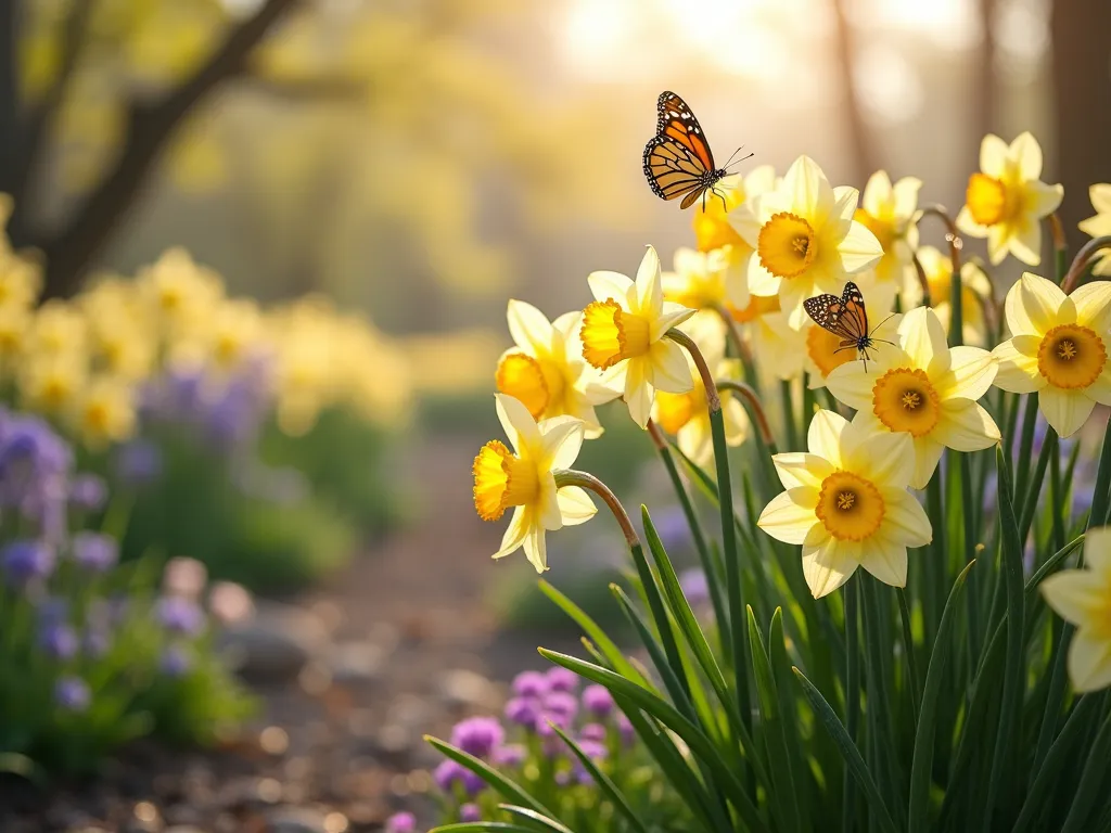 Butterfly Haven Daffodil Garden - A dreamy spring garden scene with clusters of split-corona daffodils in soft yellow and white, gracefully arranged among emerging purple butterfly-friendly perennials. Early morning sunlight filters through, creating a magical atmosphere with delicate dewdrops glistening on the flowers. Several painted lady butterflies hover near the daffodils, their wings catching the golden light. The garden has a naturalistic, cottage-garden style with meandering paths and complementary plantings of early-blooming lantana and butterfly bush shoots emerging from the ground. Soft bokeh effect in background with more daffodils creating a dreamy depth.