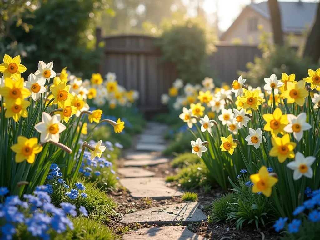 Enchanting Cottage Garden with Daffodils and Spring Companions - A dreamy, sunlit cottage garden scene with clusters of golden yellow and white daffodils, both single and double-flowered varieties, intermingled with delicate blue forget-me-nots and pink primroses. Emerging peony shoots add rich green vertical elements. The garden has a natural, informal layout with weathered stone pathways winding through the abundant spring blooms. Soft morning light filters through, creating a romantic, ethereal atmosphere. The flowers appear to dance in a gentle breeze, with a traditional cottage-style fence in the background partially covered with climbing roses just beginning to leaf out. Photorealistic, high detail, with bokeh effect.