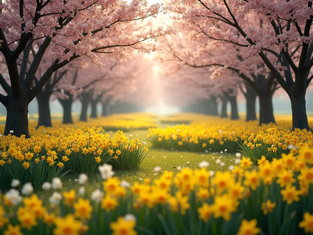 Daffodils Under Blooming Orchard Trees - A dreamy spring orchard scene with flowering apple and cherry trees, their delicate pink and white blossoms creating a soft canopy overhead. Beneath the trees, large natural drifts of golden yellow daffodils carpet the ground in sweeping waves, with some white narcissi mixed in. Dappled sunlight filters through the tree branches, creating a magical atmosphere with soft shadows dancing across the flowers. The perspective shows depth with trees receding into the distance, their trunks creating natural lines through the sea of daffodils. The scene is captured during early morning or late afternoon golden hour, giving everything a warm, ethereal glow. Photorealistic style.