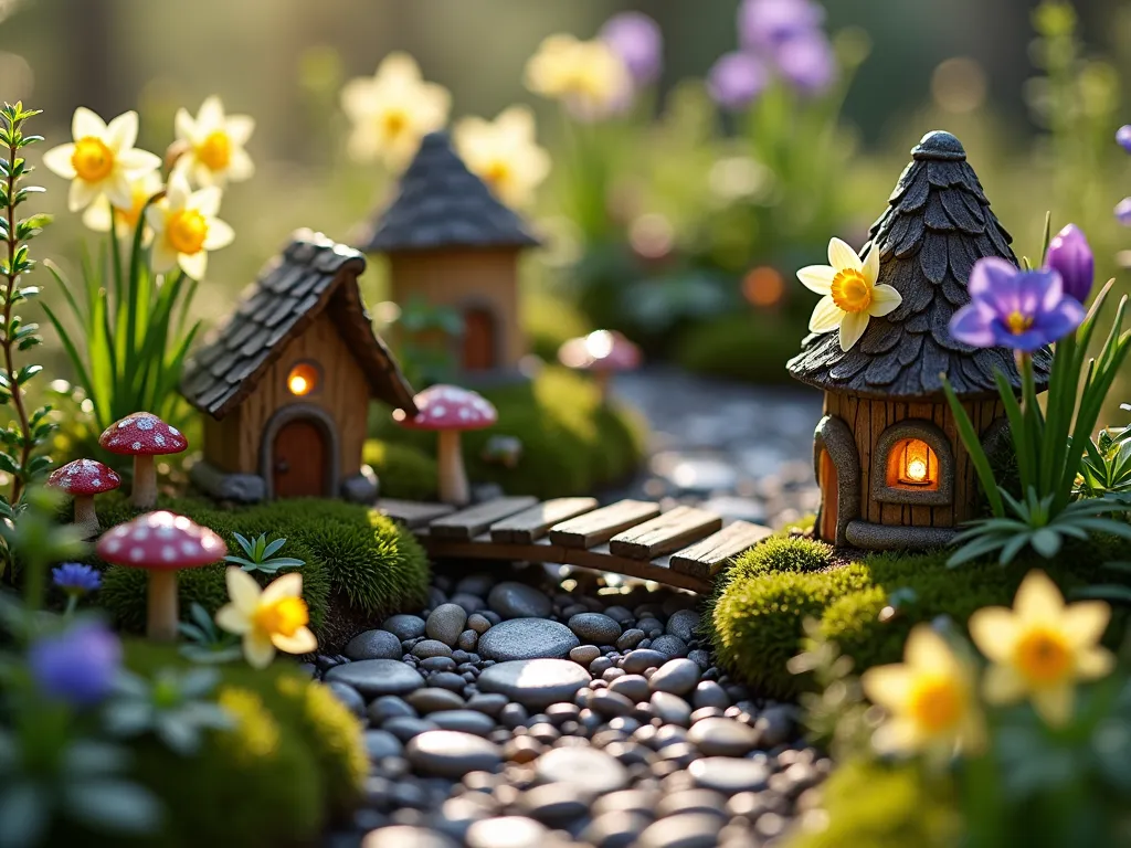 Enchanted Fairy Daffodil Garden - A magical miniature fairy garden scene at ground level, featuring delicate miniature daffodils 'Tete-a-Tete' scattered among tiny fairy houses with twinkling lights. A small cobblestone path winds through moss-covered stones and diminutive ferns. Tiny fairy figures peek from behind mushrooms and crystals, while a miniature wooden bridge crosses a small pebble stream. The scene is captured in soft, ethereal morning light with a shallow depth of field, creating a dreamy atmosphere. Small flowering thyme and miniature violets add splashes of complementary color. Photorealistic, highly detailed, magical atmosphere.