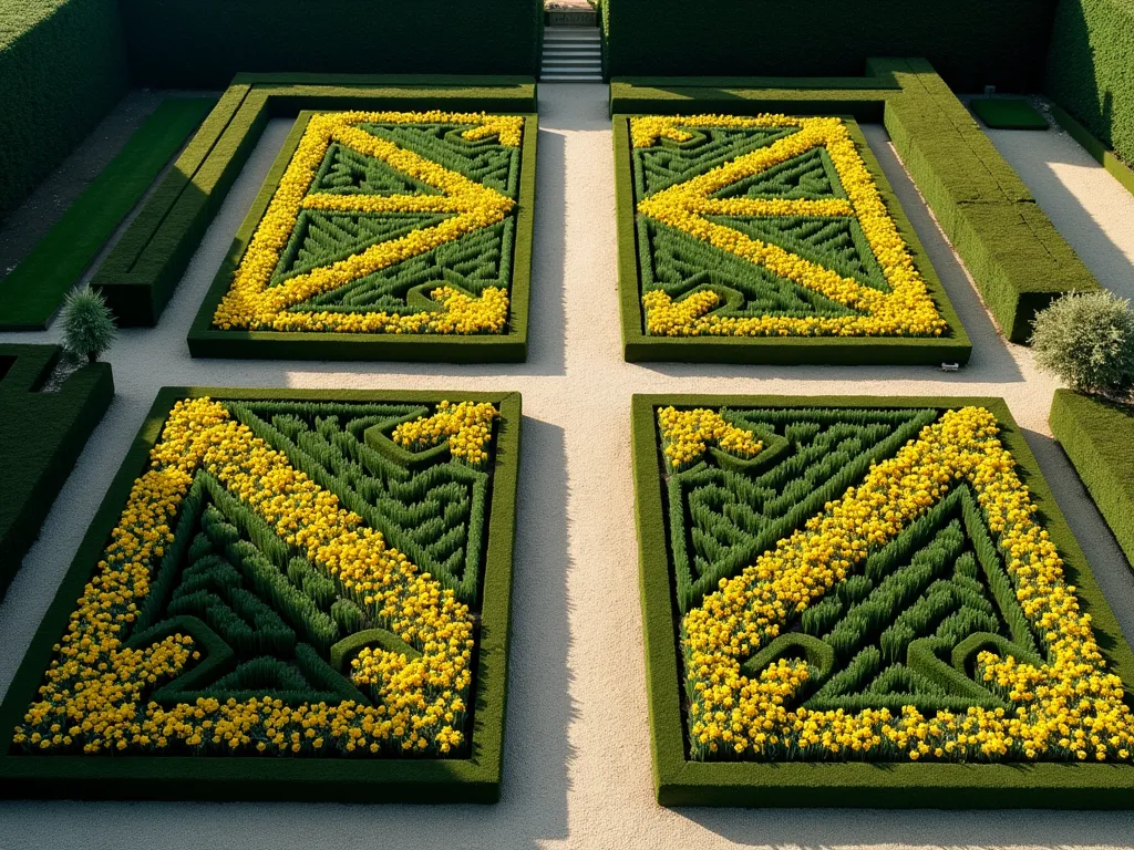 Elegant Formal Daffodil Parterre Garden - A majestic aerial view of a formal parterre garden featuring perfectly symmetrical geometric patterns filled with golden yellow daffodils in full bloom. Precisely trimmed boxwood hedges create crisp, dark green borders that outline diamond and square shapes. The garden paths are laid with light gravel, creating striking contrast against the formal design. Morning sunlight casts gentle shadows across the geometric patterns, highlighting the classical French garden design style. All daffodils are the same variety, creating a uniform golden display that emphasizes the clean lines and formal structure.