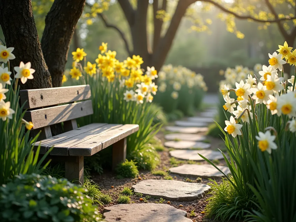 Intimate Fragrant Daffodil Nook - Charming garden nook with a weathered wooden bench nestled among clusters of blooming white and yellow daffodils, soft afternoon sunlight filtering through overhead trees, creating a dreamy atmosphere. Multiple varieties of daffodils, including double-flowered 'Cheerfulness' and 'Sweet Aroma', frame a winding natural stone pathway. Delicate wisps of spring breeze suggested by gently swaying flowers, photorealistic style, shallow depth of field focusing on the closest daffodils, soft bokeh effect in background. Garden has a romantic, cottage-style feeling with dappled light and natural, wild-looking planting arrangement.