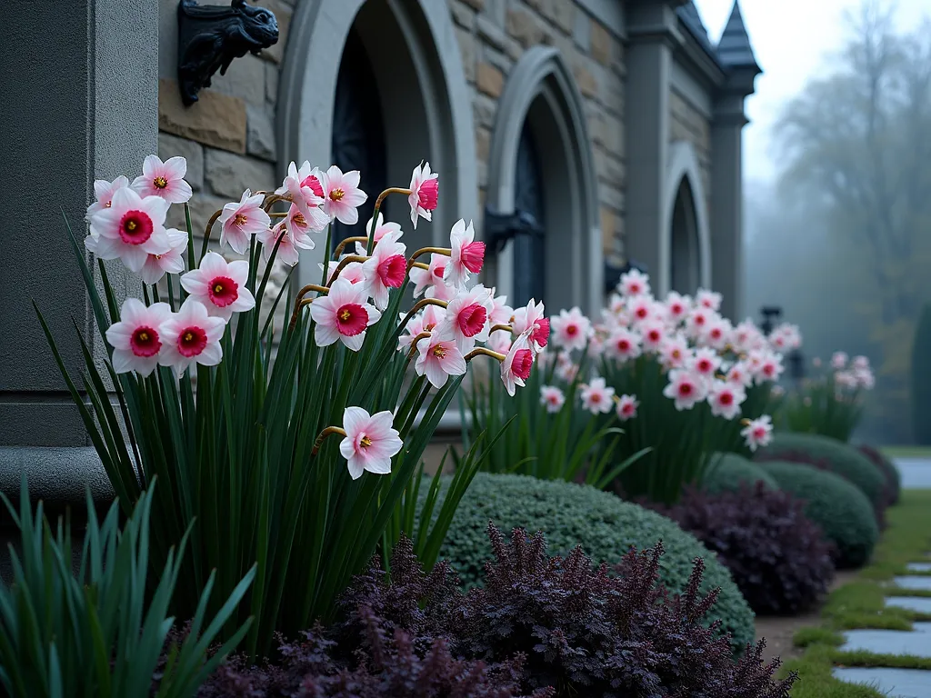 Gothic Daffodil Garden with Stone Architecture - A moody garden scene featuring elegant pink and white daffodils ('Accent' and 'Pink Charm') dramatically arranged against a weathered Gothic stone wall with pointed arches. Dark-cupped daffodils cascade down in clusters, contrasting with the light gray stonework. Deep purple heuchera and black mondo grass provide mysterious dark foliage accents. Wrought iron elements and a partially visible stone gargoyle add architectural interest. The lighting suggests early evening, creating dramatic shadows and highlighting the ethereal quality of the daffodils. Cinematic composition with subtle fog in the background.