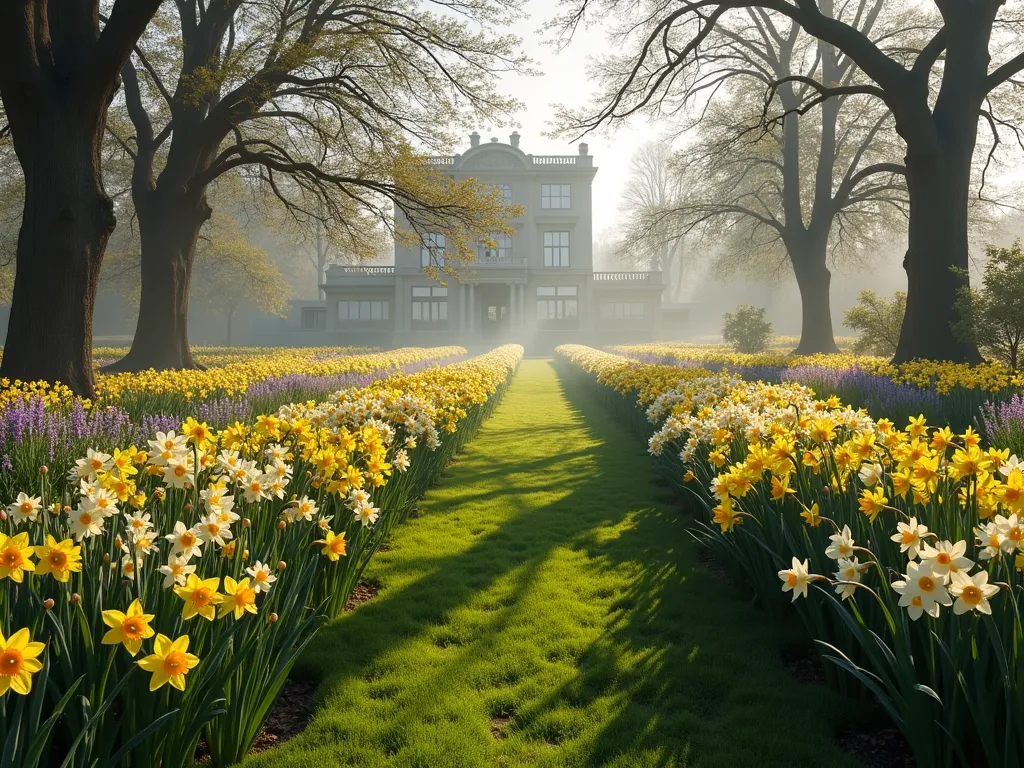 Grand Estate Daffodil Border - A sweeping, majestic garden border in soft morning light, featuring waves of golden yellow and white daffodils in full bloom stretching into the distance. Classical stone estate mansion visible in background. Layered planting design with purple grape hyacinths, emerging hostas, and ornamental grasses creating depth. Rolling lawn leads to naturalistic drifts of daffodils beneath mature oak trees. Ethereal spring atmosphere with slight morning mist, photorealistic, high-end landscape photography style