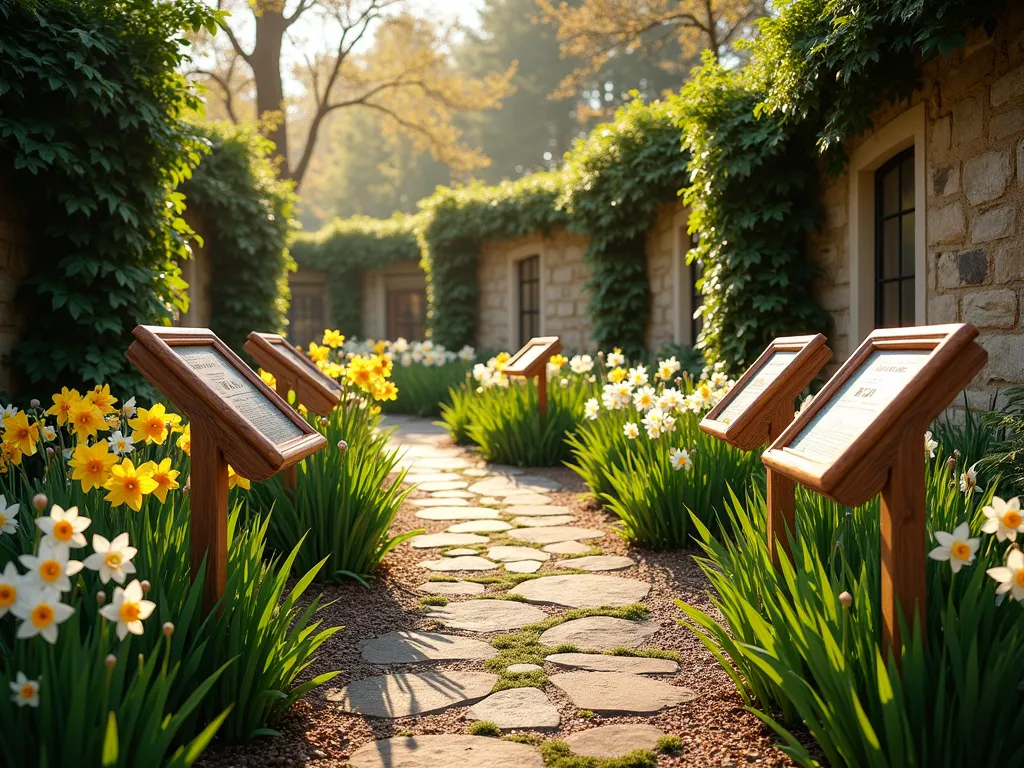 Historic Daffodil Heritage Garden - A serene Victorian-style garden pathway bordered by clusters of heritage daffodils, featuring white Narcissus poeticus 'Pheasant's Eye' and golden yellow 'Van Sion' daffodils in full bloom. Vintage-style wooden educational plaques with copper nameplates stand elegantly among the flowers. Weathered stone walls covered in climbing ivy provide a timeless backdrop. Morning sunlight filters through overhead trees, creating dappled light on the historic garden scene. Perspective view, photorealistic, high detail, golden hour lighting.