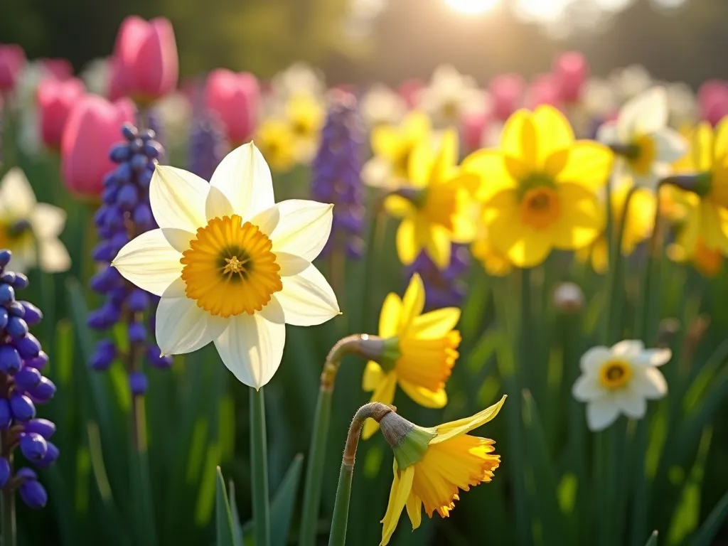 Layered Spring Daffodil Succession Garden - A lush spring garden photographed in magical morning light, showing three distinct zones of blooming daffodils: early varieties in full bloom with white and yellow flowers in the foreground, mid-season yellow trumpet daffodils reaching peak bloom in the middle ground, and late-season varieties still in bud in the background. Interplanted with emerging purple grape hyacinths, pink tulips, and fresh green hostas. Soft bokeh effect, with dew drops sparkling on petals, professional garden photography style, 32k quality