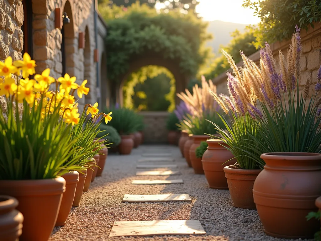 Mediterranean Daffodil Terrace Garden - A sun-drenched Mediterranean terrace garden photographed during golden hour, featuring clusters of yellow daffodils blooming among mature lavender bushes. Multiple rustic terra cotta pots of varying sizes arranged on a gravel-covered surface, with ornamental feather reed grasses creating soft movement in the background. Warm lighting highlights the classic Mediterranean styling, with ancient stone walls and weathered pottery creating an authentic atmosphere. Photorealistic, high-end garden photography, soft depth of field, f/2.8, warm evening light.