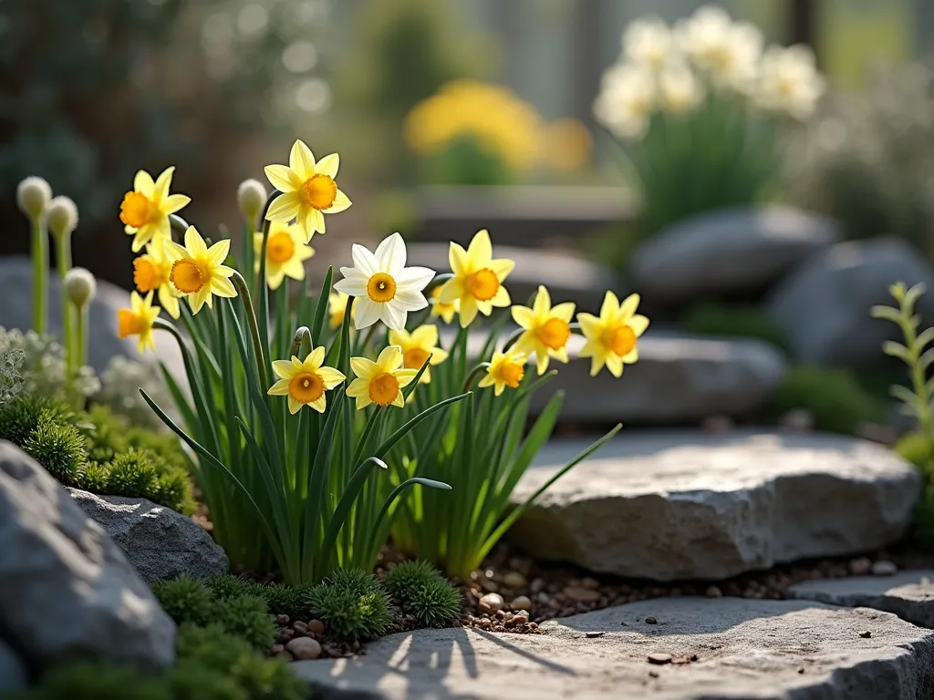 Enchanting Miniature Daffodil Rock Garden - A dreamy, intimate garden vignette featuring clusters of delicate miniature daffodils (Narcissus 'Tête-à-tête' and 'Minnow') nestled among weathered granite rocks and small alpine plants. The tiny golden and white blooms create a magical fairy-tale atmosphere against a soft-focus background. Natural stone steps and tiny creeping thyme add texture, while morning dew sparkles on the petals. Photorealistic, soft morning light, shallow depth of field, botanical photography style.