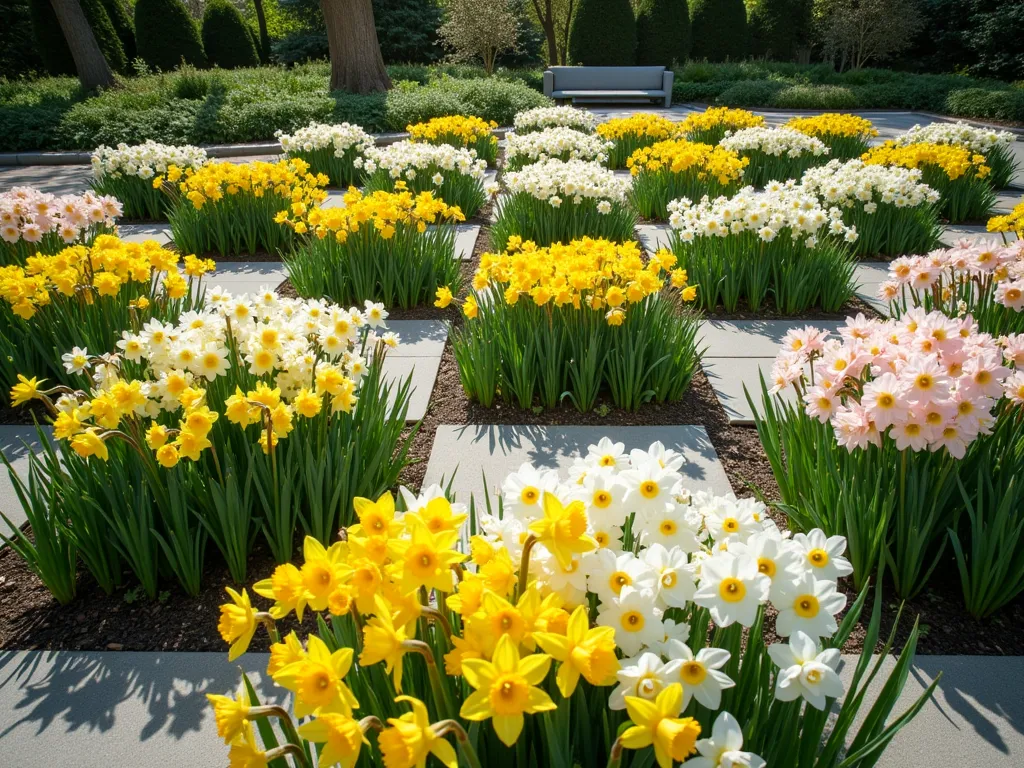 Modern Geometric Daffodil Color Block Garden - A stunning garden landscape featuring geometric blocks of daffodils arranged in a modern, architectural pattern, photographed from a slightly elevated angle. Clean, rectangular sections showcase pristine white Mount Hood daffodils, golden yellow Dutch Master daffodils, and soft pink-cupped varieties. The blocks create a striking checkerboard effect under soft spring sunlight, with clean pathways between sections. Crisp edges between color blocks emphasize the contemporary design. Professional garden photography style, high resolution, with perfect depth of field showing both detail and overall pattern.