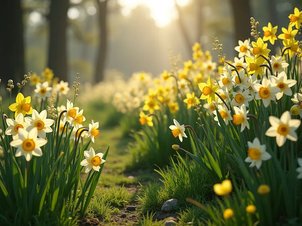 Natural Daffodil Drift Garden - A dreamy, naturalistic garden landscape featuring sweeping drifts of mixed yellow and white daffodils growing wild among tall grass and native wildflowers. Morning sunlight filters through nearby trees, creating a soft, ethereal atmosphere. Multiple varieties of daffodils at different bloom stages cascade down a gentle slope, some in full bloom while others are just emerging. The informal, meadow-like setting shows daffodils naturally multiplying in clusters, creating an organic, wild garden aesthetic. Photorealistic, high detail, soft morning light.