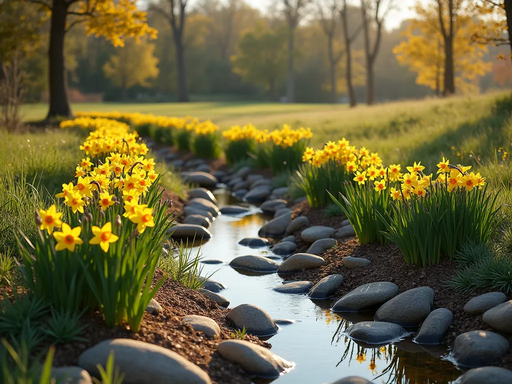 Natural Rain Garden with Daffodils - A serene and natural rain garden landscape featuring clusters of bright yellow daffodils planted on gentle earthen mounds, shot during golden hour. Native grasses and wetland plants create flowing curves around the raised areas. Smooth river rocks line shallow depressions where rainwater collects. The composition shows a harmonious blend of naturalistic design with clear water management features, photographed in high detail with soft natural lighting highlighting the daffodils' delicate petals. Photorealistic, environmental design, 4k.