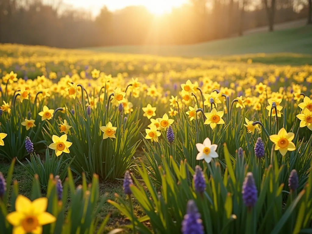 Naturalized Daffodil Spring Meadow - A dreamy spring meadow garden photographed at golden hour, with thousands of cheerful yellow daffodils naturally scattered throughout tall, flowing grass. Patches of purple grape hyacinths and white crocuses create a magical carpet effect. Soft sunlight filters through the scene, creating a luminous glow on the wildflowers and grass stems. The composition shows gentle rolling terrain with layers of blooms extending into the distance, creating a romantic, pastoral landscape. Photorealistic, high detail, soft natural lighting.