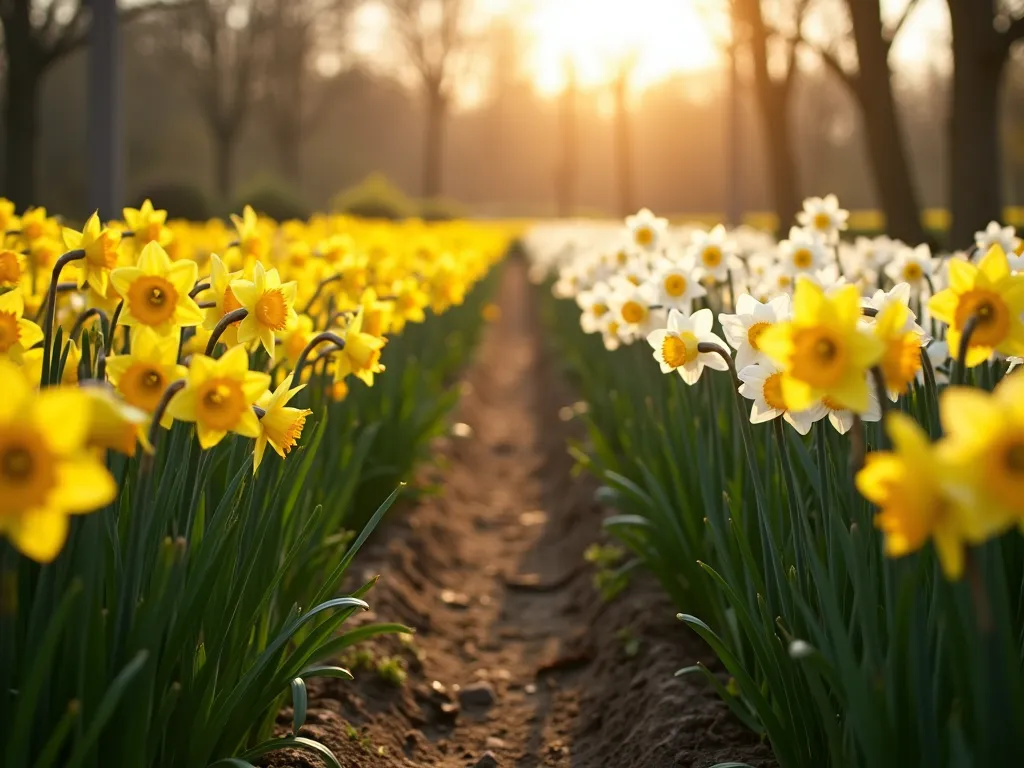 Organized Daffodil Cutting Garden Grid - A beautiful organized garden with neat rows of daffodils planted in a perfect grid pattern, photographed from a low angle during golden hour. Multiple varieties of daffodils in yellow, white, and cream colors stand tall with long stems against a soft-focus background. The flowers are arranged in clear, accessible pathways between rows, creating a professional cutting garden aesthetic. Soft spring sunlight filters through the blooms, creating a dreamy, ethereal atmosphere. Some daffodil varieties include trumpet daffodils and large-cupped varieties, all in peak bloom. Professional garden design photography style.