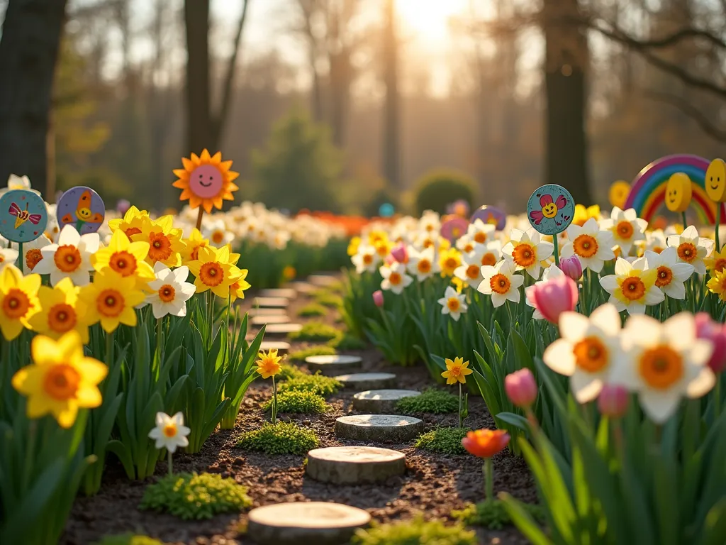 Rainbow Daffodil Children's Garden - A whimsical garden scene featuring a rainbow-shaped flower bed with curved bands of daffodils in white, yellow, orange, and pink varieties, photographed from a low angle during golden hour. Colorful wooden plant markers with hand-painted labels dot the garden. Charming garden ornaments including painted butterflies on stakes and smiling sun decorations are scattered throughout. Small stepping stones lead children through the garden. The daffodils are in full bloom, creating a magical arc pattern, with shorter varieties in front and taller ones in back. Soft natural lighting creates a dreamy, enchanted atmosphere. Photorealistic style, high detail, spring garden setting.