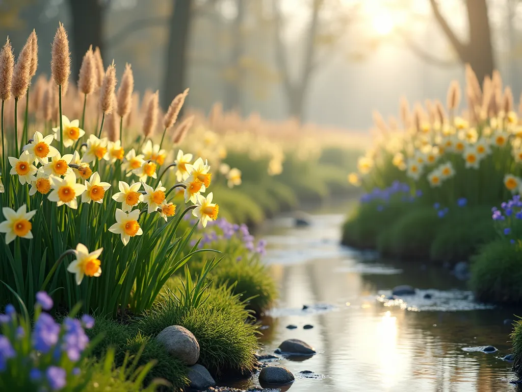 Serene Riverside Daffodil Garden - A tranquil springtime landscape photograph of golden daffodils naturally sweeping along a meandering stream bank, soft morning light filtering through, creating a dreamy atmosphere. Tall ornamental grasses sway gently in the background, their feathery plumes catching the light. Yellow and white daffodils cascade down to the water's edge, reflecting in the crystal-clear stream. Purple iris and blue forget-me-nots dot the scene, creating a naturalistic riverside garden. Photorealistic, high detail, soft natural lighting, dramatic composition, 4k