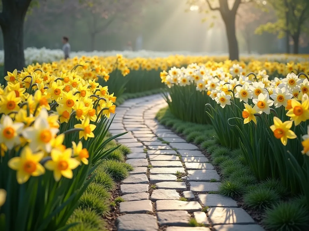 Enchanting Spiral Daffodil Path - A dreamy garden path that curves in an elegant spiral, photographed from a slightly elevated angle. The winding stone pathway is lined on both sides with blooming daffodils arranged in a mesmerizing gradient pattern, transitioning from pure white Ice Follies daffodils through pale yellow Dutch Master to deep golden yellow King Alfred varieties. Soft morning light filters through the scene, creating a magical atmosphere with slight mist in the background. The spiral design draws the eye inward, with the daffodils appearing to dance along the curved path. Natural stone pavers in warm grey tones form the walkway, while scattered patches of emerald grass peek between the flowers. Photorealistic, high detail, spring garden setting.