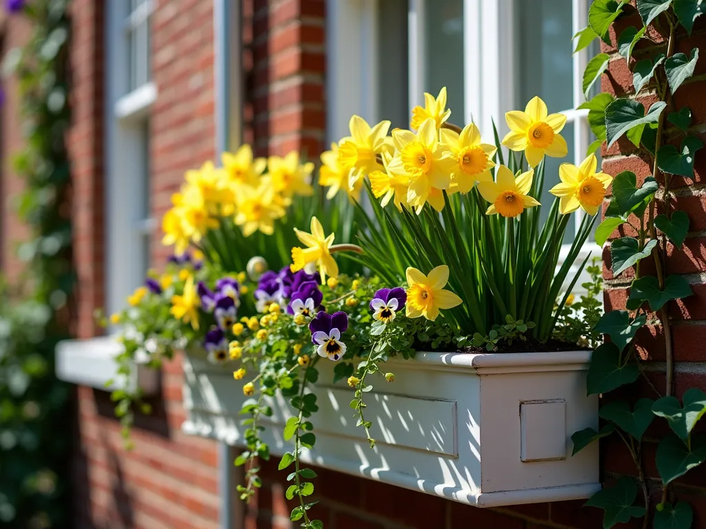 Elegant Urban Window Box with Daffodils and Ivy - A stunning European-style window box photography, mounted on a charming brick townhouse wall, overflowing with blooming miniature daffodils, purple and yellow pansies, and cascading English ivy. The window box is painted in classic white, with morning sunlight casting soft shadows. The daffodils are 'Tête-à-Tête' variety in bright yellow, perfectly complementing the delicate purple and yellow pansies. The ivy trails gracefully down the side of the building, creating a romantic cottage garden feel in an urban setting. Shallow depth of field focusing on the flowers, with the brick wall softly blurred in the background. Photorealistic, high detail, spring morning light.