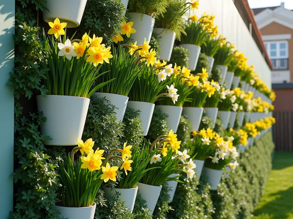 Vertical Daffodil Living Wall - A stunning vertical garden wall photographed in bright spring sunlight, featuring multiple tiers of flowering daffodils cascading down a living wall system. Various daffodil varieties in yellow and white bloom from contemporary pocket planters mounted on a sage green wall. The daffodils are arranged in an artistic pattern, with some varieties positioned higher and others lower, creating a natural waterfall effect. Soft natural lighting highlights the dimensional texture of the foliage and blooms. Professional garden photography style, high resolution, magical spring atmosphere.