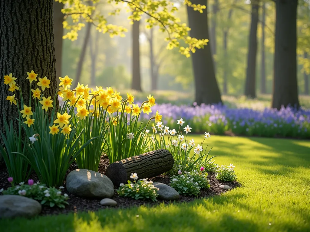 Enchanting Woodland Edge Daffodil Border - A dreamy spring garden scene at the edge of a sunlit woodland, featuring a naturalistic border with layered daffodils transitioning from tall trumpet varieties in the back to delicate miniature cyclamineus daffodils in the front. Native woodland flowers like Virginia bluebells and white trillium bloom among the daffodils. Morning light filters through tall trees, creating dappled shadows across the garden. The border curves organically between the wooded area and a manicured lawn, with moss-covered logs and natural stone accents adding woodland character. Photorealistic, soft morning light, high detail, creamy bokeh background.