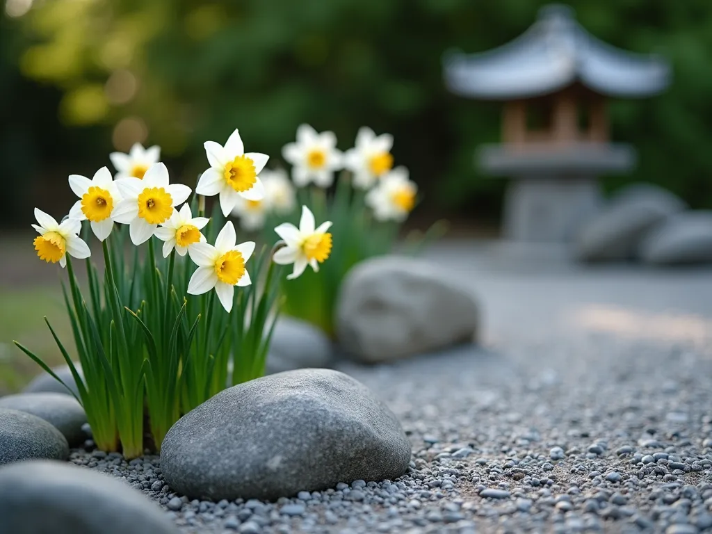 Minimalist Zen Daffodil Garden - A serene Japanese-inspired garden featuring miniature white and yellow daffodils (Narcissus) thoughtfully arranged among smooth gray river rocks and pristine raked gravel. The composition follows zen principles with careful spacing between flowering clusters. Traditional stone lantern in soft focus background. Early morning lighting creates gentle shadows across the gravel patterns. Shallow depth of field emphasizing the delicate daffodil blooms. Photographed from a low angle to capture the peaceful harmony between flowers and stone elements.