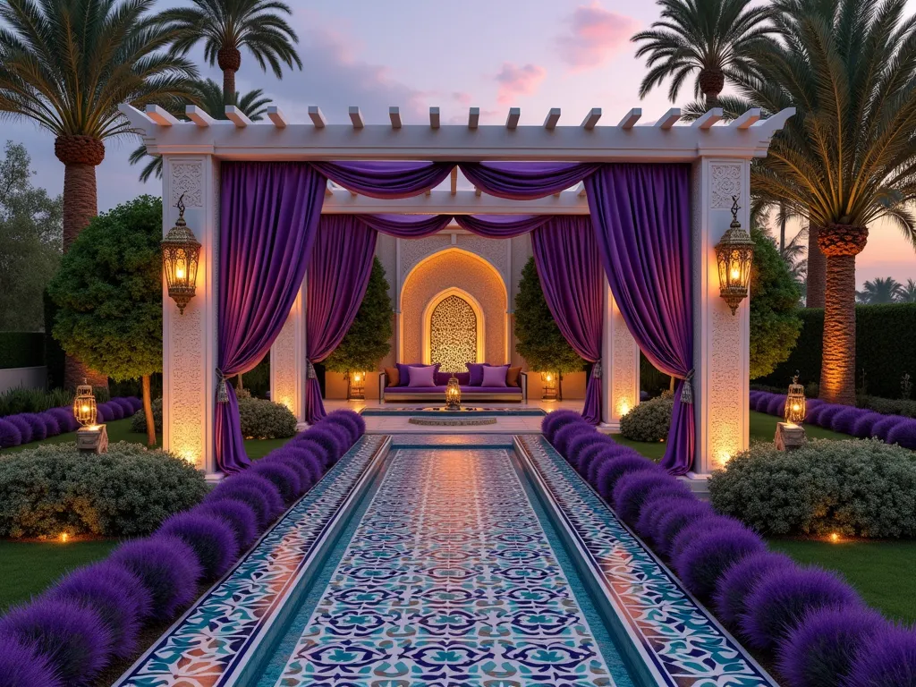 Aladdin's Enchanted Middle Eastern Garden - A luxurious Middle Eastern garden at dusk, featuring an ornate white pergola draped with flowing purple and gold silk fabrics. The garden paths are laid with intricate geometric mosaic tiles in jewel tones of turquoise, sapphire, and ruby. Persian-style ornate brass lanterns hang from the pergola, casting magical patterns of light. Lush plantings follow geometric Islamic garden patterns, with neat rows of purple fountain grass and tall phoenix palms. Carved wooden archways covered in jasmine lead to a central seating area with plush cushions in rich jewel tones. Moroccan-style mosaic water fountains provide gentle ambiance, while potted citrus trees and birds of paradise add exotic touches. The scene is captured in a wide-angle perspective, with the warm glow of sunset and lit lanterns creating an enchanted atmosphere.