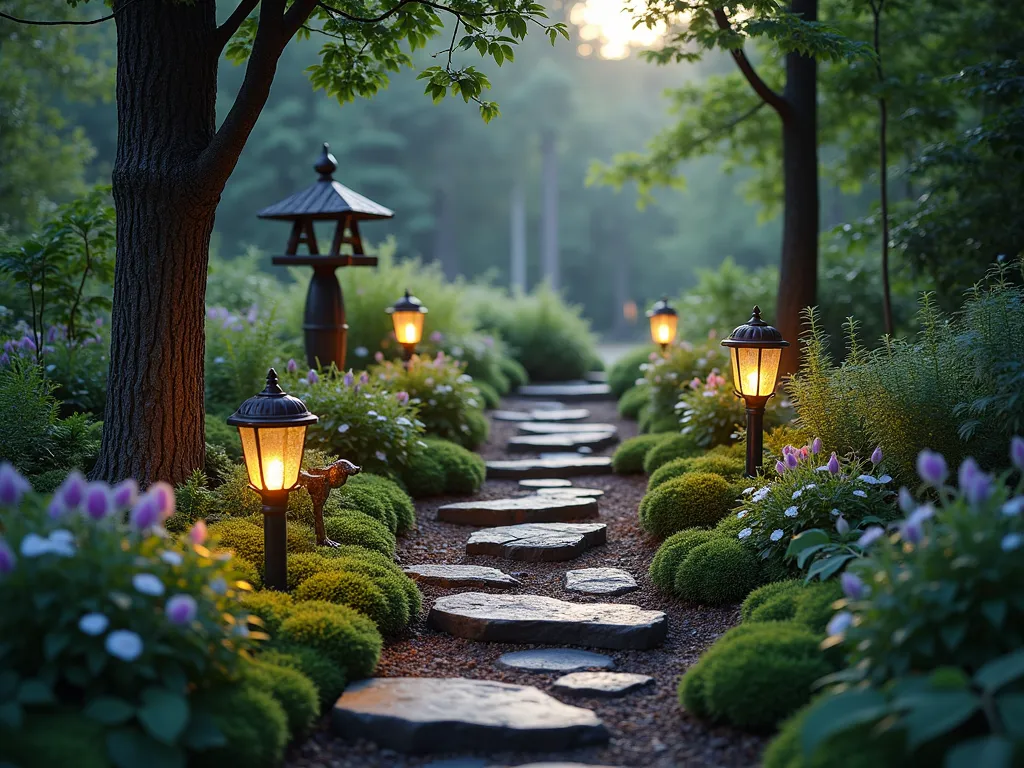 Enchanted Woodland Garden Path - A magical twilight scene of a winding garden path through a lush woodland setting, photographed in wide angle. Natural stone steps wind through clusters of native ferns, woodland flowers, and moss-covered logs. Delicate solar lanterns cast a warm, ethereal glow along the path edges. Bronze sculptures of deer, rabbits, and forest creatures peek out from behind Japanese Forest Grass and Hostas. Rustic wooden bird feeders hang from mature flowering dogwood trees. Morning dew glistens on purple Coral Bells and white Wood Anemones. The scene is captured with a dreamy, soft focus effect, emphasizing the magical fairytale atmosphere with subtle bokeh lighting effects in the background.