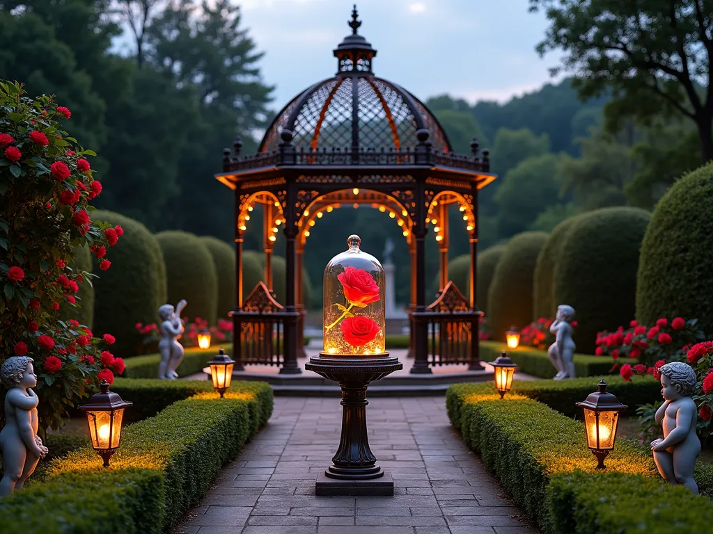 Enchanted Beauty and the Beast Rose Garden at Dusk - A romantic French-inspired formal garden at dusk, centered around a magnificent wrought iron gazebo. Inside the gazebo, a ornate glass cloche on a marble pedestal contains a magically floating red rose emitting a soft golden glow. Perfectly manicured hedges create symmetrical pathways leading to the centerpiece, lined with blooming red 'Mr. Lincoln' roses. Classical stone cherub statues and ornate wrought iron benches dot the landscape. Climbing roses cascade over antique-style trellises, while gas-style lanterns cast a warm, magical ambiance. The garden is framed by meticulously sculpted topiary and a stone fountain in the background. Shot from a wide angle to capture the entire magical scene, with the dusky sky adding a enchanted atmosphere.