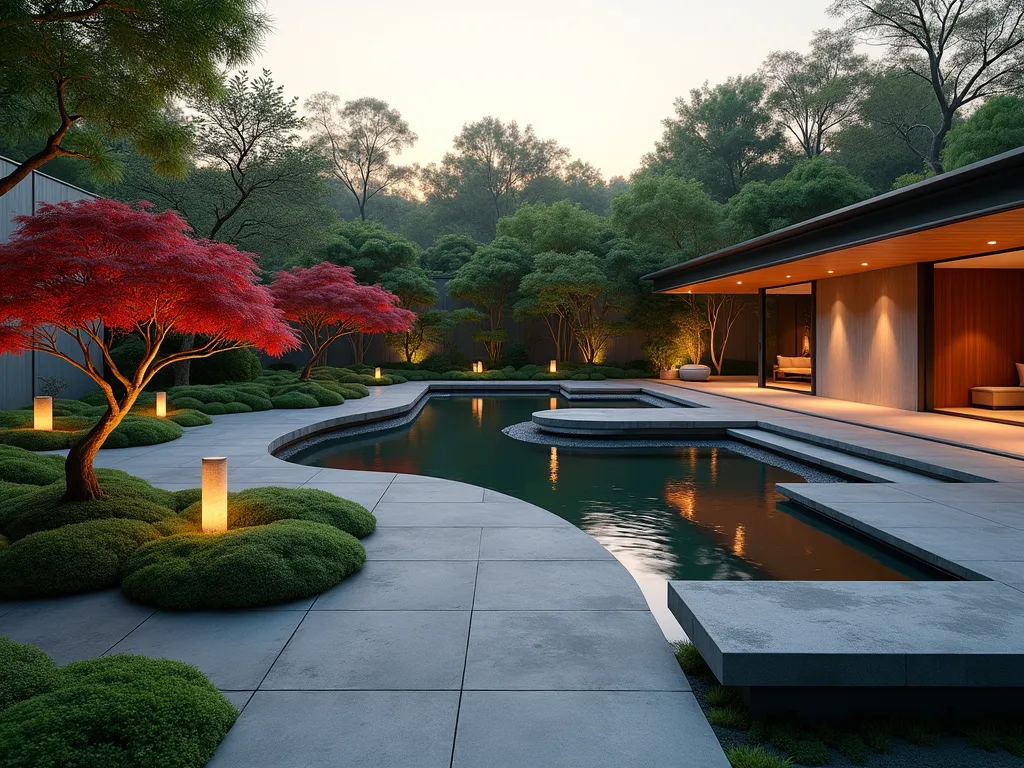 Modern Japanese Zen Garden with Big Hero 6 Elements - A serene Japanese garden at twilight, photographed with a wide-angle lens capturing a modern interpretation of traditional design. A flowing koi pond reflects the warm evening light, surrounded by carefully manicured bonsai trees and bamboo groves. Minimal concrete pathways wind through the space, bordered by moss gardens and Japanese forest grass. A contemporary concrete bench faces a zen rock garden with precise geometric patterns. Subtle Big Hero 6-inspired elements include modern metal archways with soft integrated lighting and sleek architectural elements reminiscent of San Fransokyo. Japanese maple trees provide bursts of deep red foliage, while stone lanterns cast gentle shadows across the peaceful space. Shot at f/2.8 with beautiful bokeh effect highlighting the tranquil atmosphere.