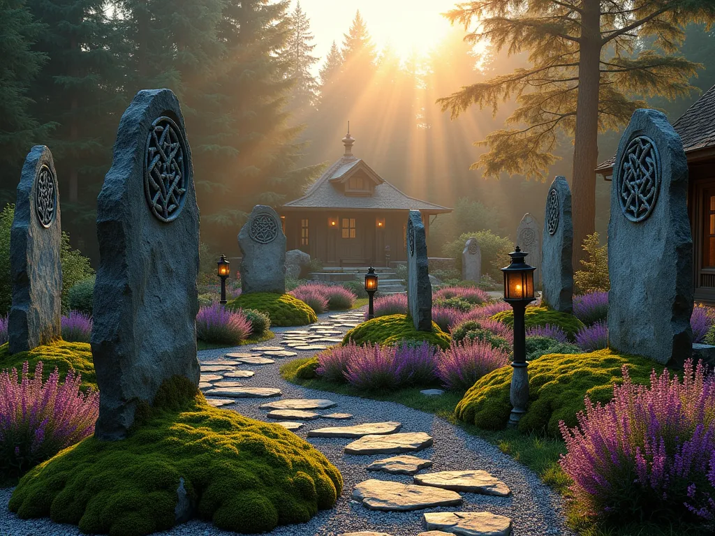 Scottish Highland Garden at Dusk - A mystical garden scene inspired by Disney's 'Brave', captured at dusk with golden light filtering through Scottish pines. Wide-angle shot showcasing a circular arrangement of ancient-looking standing stones covered in moss, surrounded by vibrant purple Scottish thistle and blooming heather in varying shades of pink and lavender. Celtic knot patterns are carved into the stones, with delicate iron lanterns casting warm light. The garden features rustic wooden elements and winding gravel paths, while natural rock formations create different levels. Misty atmosphere with dramatic shadows, photographed with a cinematic quality highlighting the rugged beauty of Highland-inspired landscaping. Shot with a 16-35mm lens at f/2.8, ISO 400, capturing the ethereal quality of fading daylight.