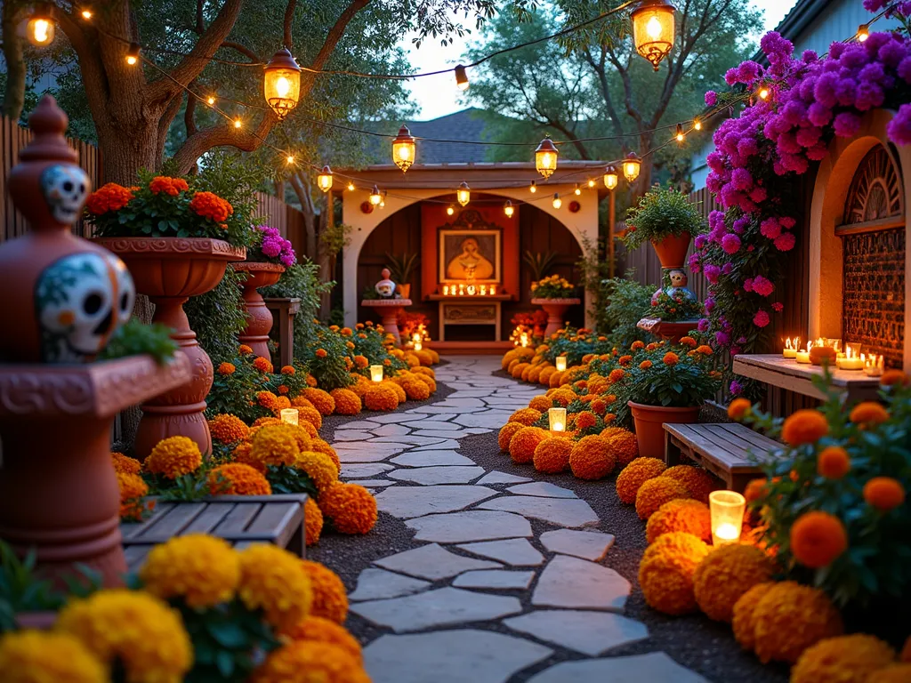 Coco-Inspired Memorial Garden at Dusk - A enchanting Mexican-inspired memorial garden at twilight, photographed with a wide-angle lens. Vibrant orange and yellow marigolds create winding paths through the garden, illuminated by warm string lights. Decorative papel picado banners flutter overhead, while artistically painted skull planters hold brilliant purple and pink bougainvillea. Hand-crafted paper flowers in bold colors adorn weathered wooden arches. Ornate wrought iron benches sit alongside terracotta fountains. Stone pathways lead to a central altar decorated with candles and traditional Mexican tiles. The garden is captured during the golden hour, with soft lighting creating a magical atmosphere that highlights the rich colors and cultural elements. Shot at f/2.8 to create a dreamy depth of field, emphasizing the spiritual and celebratory nature of the space.