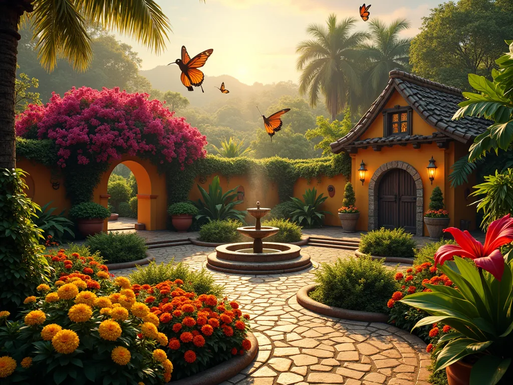 Enchanted Colombian Garden with Magical Casita - A lush Colombian-inspired garden at golden hour, featuring a small magical casita with glowing butterflies and vibrant tropical flowers. The garden is divided into distinct themed areas with winding paths, each representing different magical gifts. The foreground showcases brilliant yellow and orange marigolds, pink bougainvillea cascading over stone archways, and red hibiscus blooms. Magical glowing elements float through the air, while hummingbirds hover near trumpet-shaped heliconia flowers. A central courtyard features a decorative fountain surrounded by potted bromeliads in jewel tones. Palm trees and banana plants create a tropical canopy, while scattered magical door symbols reminiscent of Encanto adorn garden walls. Soft golden lighting filters through the foliage, creating a dreamlike atmosphere. Wide-angle perspective capturing the entire magical garden scene.