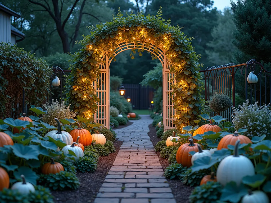 Enchanted Pumpkin Patch Garden at Dusk - A magical backyard garden scene at dusk featuring an elegant white Victorian-style garden arch covered in twinkling fairy lights and climbing moonflower vines. Beneath, neat rows of flourishing pumpkin plants spread across a well-maintained garden bed, their large leaves silvery in the twilight. Various sizes and colors of pumpkins dot the landscape, from classic orange to fairytale white varieties. Decorative wrought-iron trellises with climbing morning glories frame the scene, while strategically placed, illuminated glass slipper sculptures cast enchanting shadows. The garden path is lined with softly glowing lanterns, and a delicate mist hovers just above the ground, creating an ethereal atmosphere. Cinderella-inspired garden benches in powder blue add whimsical seating elements. Shot from a three-quarter angle to capture both the depth of the pumpkin patch and the majestic arch entrance.