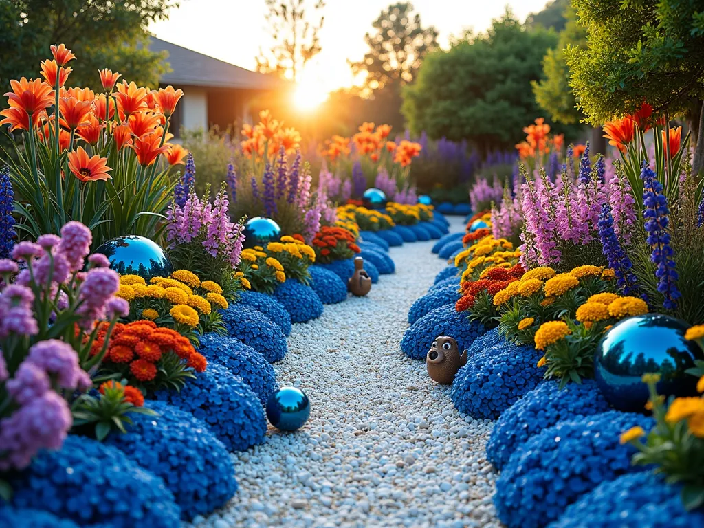 Finding Nemo Inspired Coral Reef Garden - A stunning wide-angle shot of a vibrant garden bed designed as an underwater coral reef, captured during golden hour. Tall orange and pink Canna lilies create dramatic waves at the back, while clusters of blue delphiniums and purple salvias form the mid-ground coral formations. Colorful zinnias in yellow, orange, and pink dot the landscape like tropical fish. Bronze-colored garden sculptures of Nemo, Dory, and sea creatures peek out between the foliage. Blue glass orbs and iridescent garden stakes catch the light, creating an underwater shimmer effect. White crushed seashell paths wind through the garden like ocean currents, while blue lobelia creates a carpet effect at the edges. Shot with a wide-angle lens at f/8, capturing the entire magical scene with perfect depth and clarity, emphasizing the whimsical Disney-inspired design within a residential backyard setting.