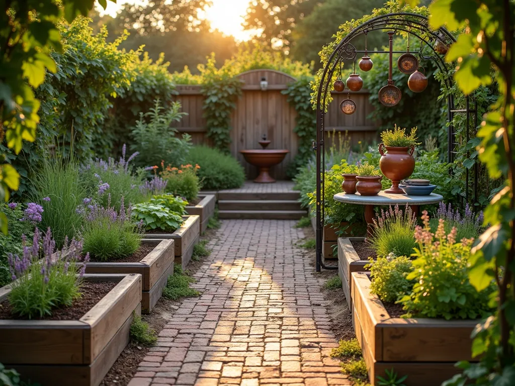 French-Inspired Disney Ratatouille Herb Garden - A charming French-style herb garden at golden hour, photographed at f/2.8 with a 16-35mm lens. Rustic wooden raised beds arranged in a circular pattern around a weathered copper fountain. Stone pathways lined with lavender lead between organized sections of culinary herbs. Vintage copper pots and cooking utensils hang from a decorative wrought-iron trellis. Hand-painted ceramic markers identify herbs like thyme, basil, and rosemary. Climbing grape vines frame the scene, while a vintage bistro table displays fresh-picked vegetables. Soft evening sunlight casts long shadows across the herringbone brick pathways, creating a magical Parisian atmosphere reminiscent of Ratatouille's culinary world. The garden features weathered terracotta pots, antique cooking tools as garden art, and classic French garden design elements.