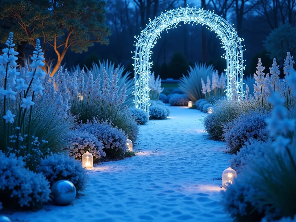 Enchanted Frozen Garden at Twilight - A magical twilight garden scene inspired by Disney's Frozen, featuring a winding garden path lined with illuminated white Delphinium flowers and silvery Artemisia plants. Crystal-like garden ornaments catch the ethereal blue LED lighting, creating an enchanting ice palace atmosphere. Frost-resistant Japanese Silver Grass sways gently in the background, while scattered throughout are ice-blue glass gazing balls and delicate white Snow-in-Summer groundcover. A decorative white metal arch draped with twinkling fairy lights and climbing white Clematis creates a magical entrance. The scene is photographed in a wide-angle perspective during blue hour, capturing the magical glow of the LED lighting against the deepening sky, with subtle fog rolling through the garden adding to the mystical winter wonderland effect.