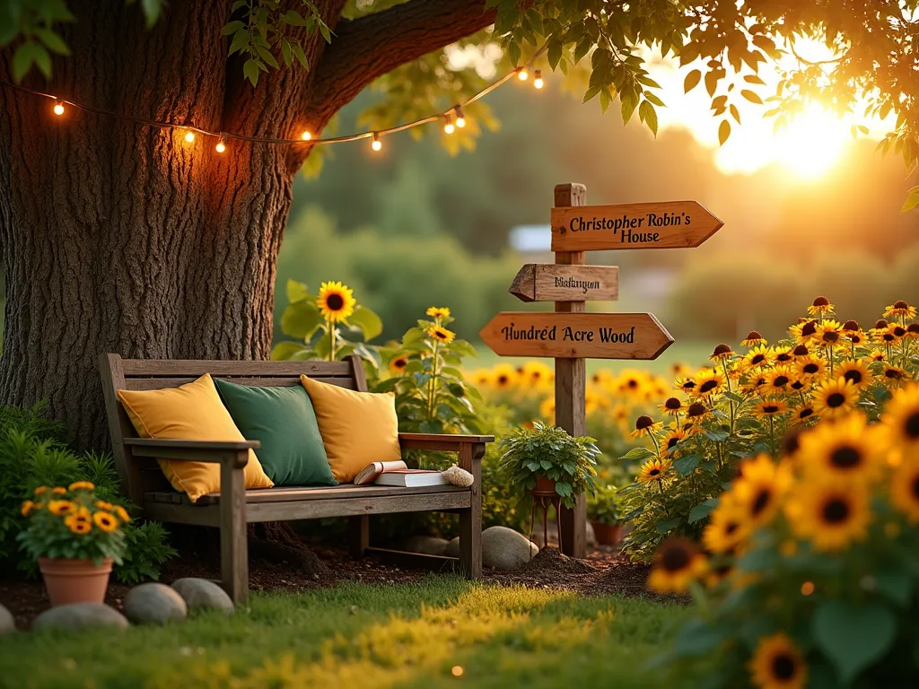 Whimsical Hundred Acre Wood Reading Nook at Golden Hour - A magical garden reading nook photographed at golden hour, featuring a rustic wooden bench nestled against a mature oak tree in a backyard setting. The bench is adorned with plush cushions in honey and forest green tones, surrounded by a vibrant display of tall sunflowers and clusters of black-eyed susans creating a golden glow. A handcrafted wooden signpost points to 'Christopher Robin's House' and 'Hundred Acre Wood'. Subtle copper string lights are draped overhead, while classic Winnie the Pooh characters are tastefully incorporated through small garden figurines and honey pot planters. Shot with a wide-angle lens capturing the entire cozy scene, with soft bokeh effect from the evening sun filtering through the flowers. The natural wooden elements and whimsical decorations create a storybook atmosphere perfect for outdoor reading.