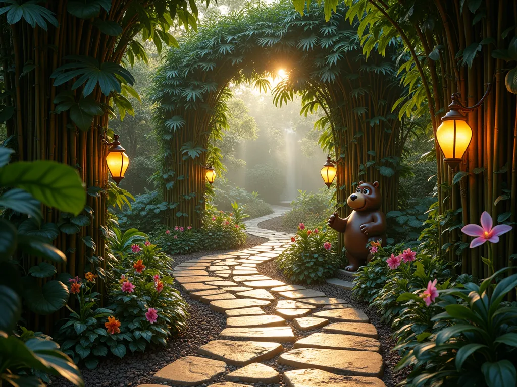 Enchanted Jungle Book Garden Path at Dusk - A mesmerizing winding garden path at dusk, inspired by Disney's Jungle Book, captured in a wide-angle perspective. Dense tropical foliage creates natural archways with giant monstera leaves and philodendrons draping overhead. Soft golden lanterns illuminate the stone pathway, casting magical shadows through hanging vines. Life-sized bronze sculptures of Baloo and King Louie peek through the lush greenery. Natural stone steps curve through towering bamboo stands. Mist hovers mysteriously near the ground, while fairy lights twinkle among the branches. The path disappears around a bend, suggesting adventure beyond. Exotic flowering orchids add splashes of color, and a small waterfall trickles nearby. The scene is captured during the golden hour, with warm sunlight filtering through the canopy.