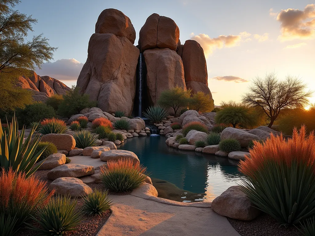 Disney Lion King Pride Rock Garden - A dramatic twilight photograph of a majestic rock garden featuring a towering natural stone formation resembling Pride Rock from The Lion King, captured with a wide-angle lens. The rock formation rises 8 feet high with dramatic angular outcrops, surrounded by flowing African fountain grasses and drought-resistant succulents. Strategic uplighting creates golden shadows on the weathered stone surface, while a gentle cascading waterfall flows down one side into a small reflective pool. Native African plants like Aloe vera, Sansevieria, and tufts of red-tinged Pennisetum setaceum create an authentic savanna atmosphere. The composition is photographed during golden hour, with the setting sun casting long shadows and warm light across the textured landscape, f/8, ISO 100, professional DSLR capture.