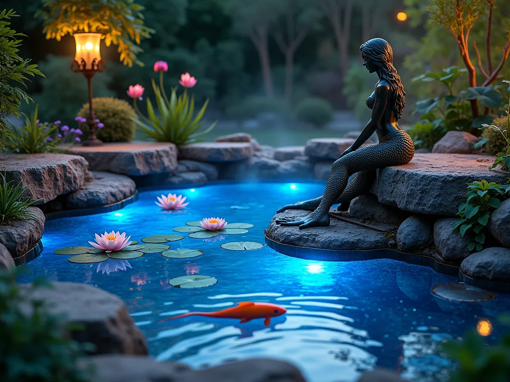 Enchanted Little Mermaid Garden Pond at Twilight - A magical twilight garden scene featuring a naturalistic pond with ethereal underwater blue LED lighting casting a mystical glow. A bronze mermaid statue gracefully sits on a weathered rock formation, her tail dipping into the crystal-clear water. Floating water lilies and lotus flowers drift across the surface, while colorful koi fish swim beneath. Ornate shell-encrusted stepping stones line the pond's edge, with hidden copper treasures and pearlescent trinkets nestled among native aquatic plants. Cascading water iris and papyrus create dramatic height, while delicate mist hovers over the water's surface. The scene is captured in a wide-angle perspective, showing the pond integrated beautifully into a lush backyard garden setting, with subtle landscape lighting illuminating the surrounding foliage. Photorealistic, magical atmosphere, cinematic lighting.