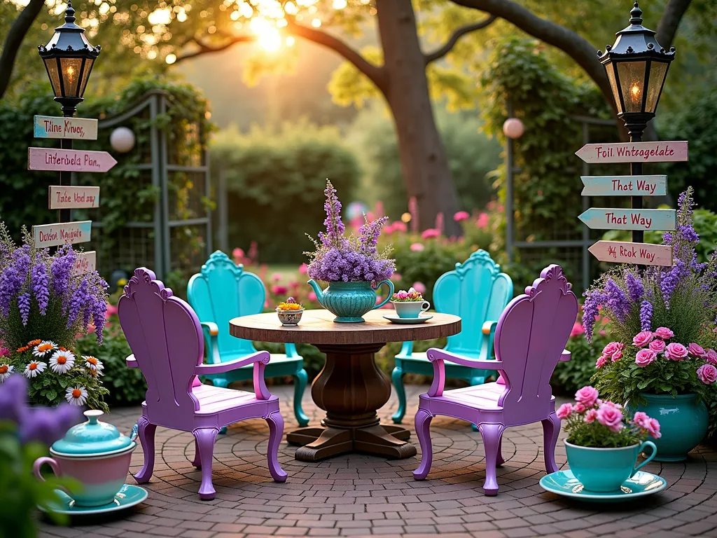 Whimsical Mad Hatter Garden Tea Party - A whimsical garden seating area at golden hour, photographed with a wide-angle lens capturing a magical tea party setting. Vintage Victorian chairs in purple, turquoise, and hot pink surround an antique wooden table, all set on a circular brick patio. Giant ceramic teacups overflowing with vibrant flowers serve as planters, featuring cascading purple wisteria and pink roses. Mismatched vintage teapots filled with colorful zinnias and daisies dot the scene. Ornate wrought-iron lampposts with stained glass lanterns cast a warm glow. Quirky wooden signposts painted in pastels point in random directions with phrases like 'This Way' and 'That Way'. English ivy climbs decorative lattice work, while butterfly bushes and foxgloves create a enchanted garden backdrop. A massive pocket watch garden sculpture adds surreal charm. Crystal prisms hanging from nearby tree branches scatter rainbow light across the scene. Professional photograph with perfect depth of field, natural lighting, and sharp detail.