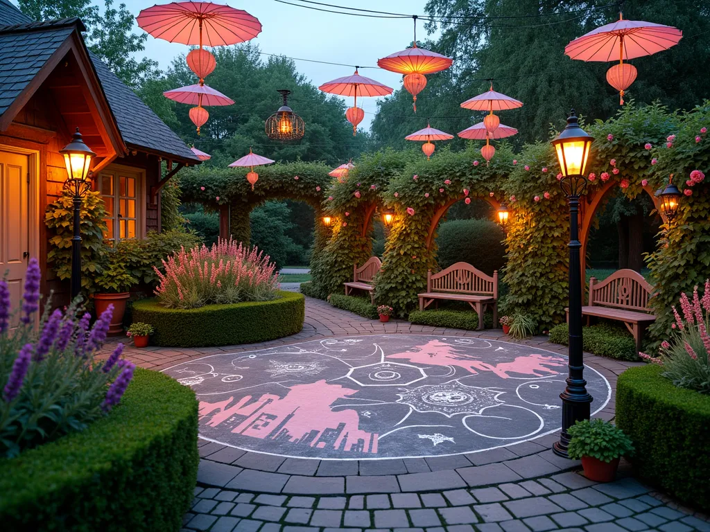 Mary Poppins Enchanted Chalk Garden - A whimsical garden space at dusk featuring a circular paved area with intricate chalk art drawings visible on the ground, surrounded by blooming English cottage garden flowers including lavender, roses, and foxgloves. Victorian-style black iron lampposts with warm glowing lights line the curved pathway. Decorative vintage-inspired umbrellas in pastel colors hang suspended above the space, creating magical lighting effects. English box hedges frame the area, while climbing roses adorn traditional wooden trellises. Shot from a 45-degree elevated angle using a 16-35mm lens at f/2.8, ISO 400, capturing the ethereal golden hour lighting and the way it plays off the garden elements. The chalk art includes magical silhouettes of Mary Poppins characters and London skylines.