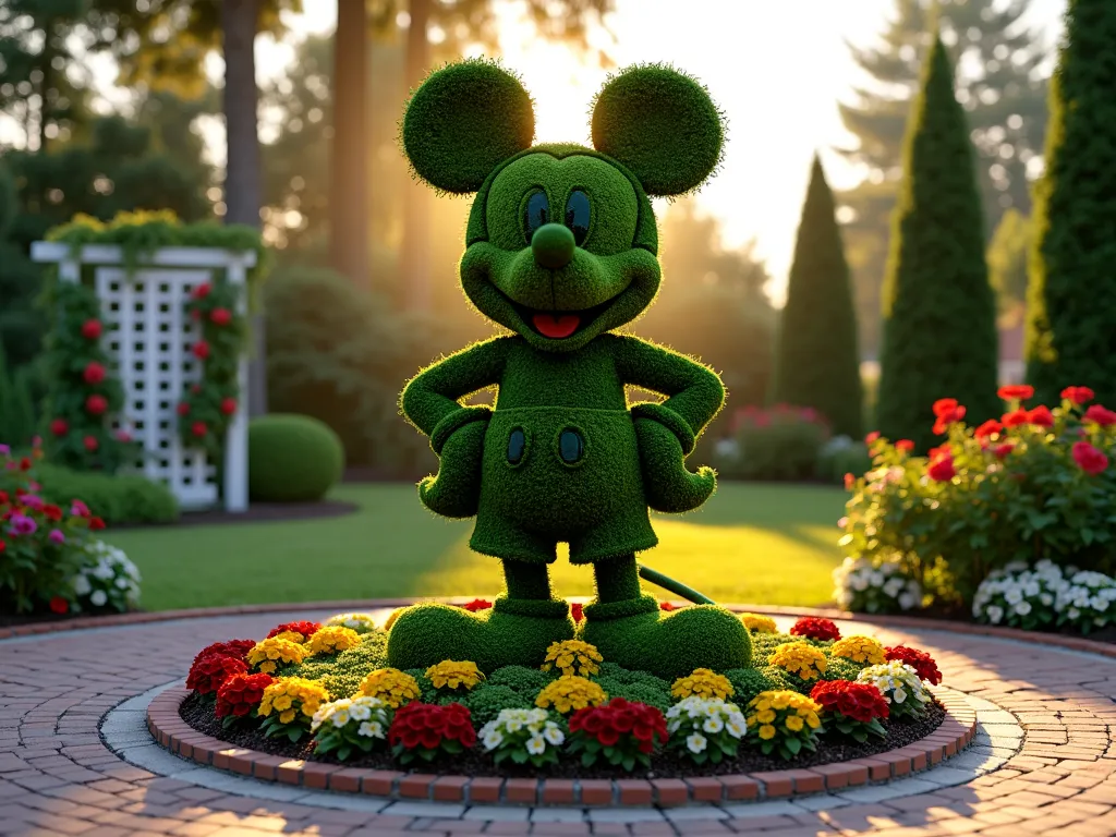 Mickey Mouse Garden Topiary at Sunset - A professionally sculpted Mickey Mouse topiary, 6 feet tall, crafted from lush boxwood stands prominently in a backyard garden at golden hour. The iconic three-circle silhouette casts long shadows across a circular flower bed filled with vibrant red petunias, bright yellow marigolds, and pure white impatiens. Soft evening light filters through the topiary, creating a magical glow around Mickey's silhouette. The garden bed is edged with classic brick pavers in a circular pattern, while a natural stone pathway leads visitors toward the whimsical display. Background features mature evergreen trees and climbing roses on a white trellis, creating depth and context. Shot from a low angle at f/2.8 to create magical bokeh effects with the setting sun, captured with a 16-35mm lens for dramatic perspective. Photorealistic, architectural photography, highly detailed.