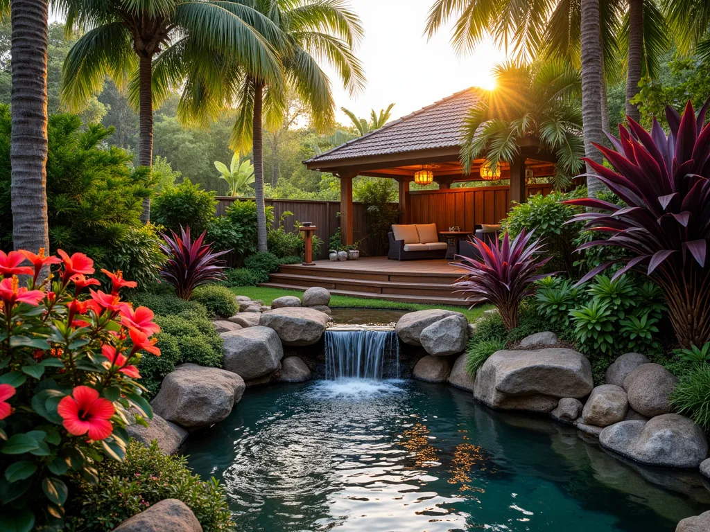 Moana-Inspired Tropical Garden Paradise - A lush backyard garden transformation featuring a mesmerizing tropical paradise at golden hour, shot with a wide-angle 16-35mm lens at f/2.8, ISO 400. A gently cascading waterfall flows over natural volcanic rocks into a small pond decorated with iridescent seashells. Towering palm trees frame the scene, while vibrant red and pink hibiscus flowers bloom abundantly. Deep purple ti plants create dramatic contrast against emerald green tropical foliage. Ornate tiki torches line a curved stone pathway, their flames flickering in the warm evening light. Bougainvillea and passion flower vines gracefully wind around a wooden pergola, creating a magical Polynesian atmosphere. Natural stone steps lead to a raised wooden deck area with rattan furniture, completing this South Pacific retreat.