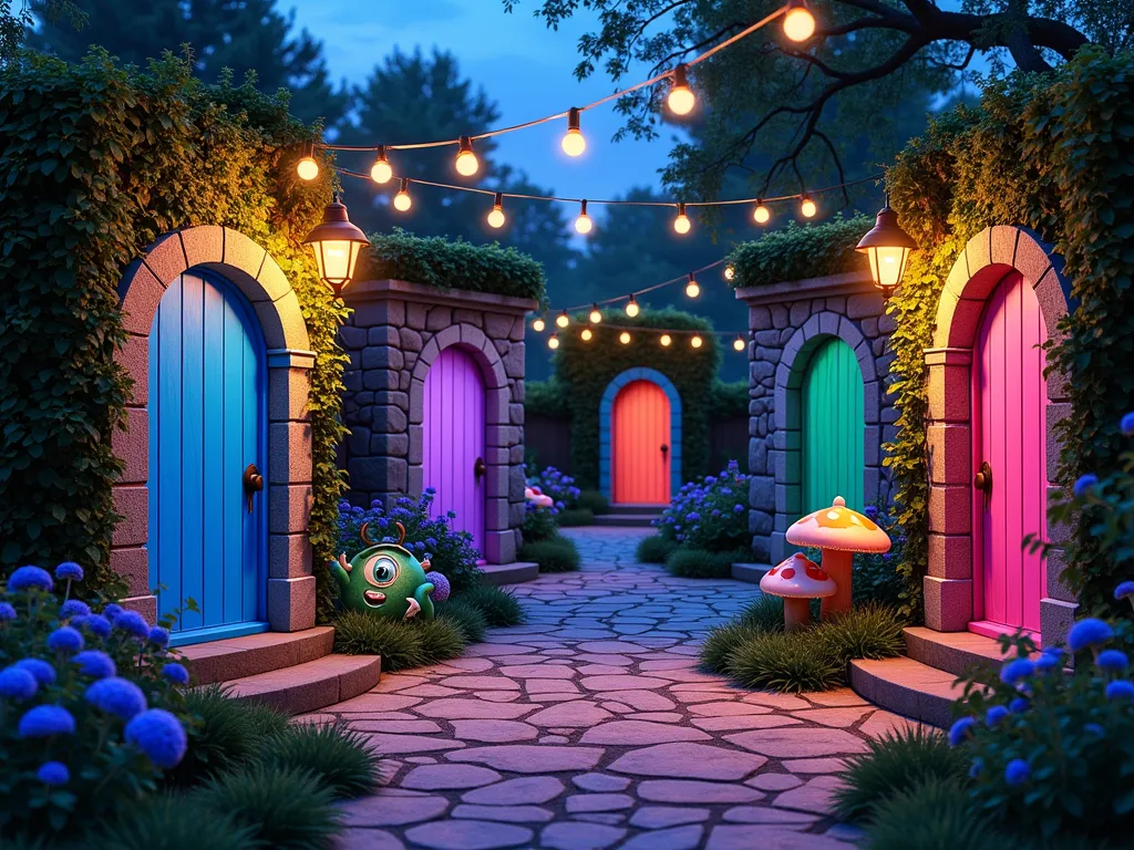 Whimsical Monsters Inc. Garden Doors - A magical twilight garden scene featuring colorful doors of various sizes mounted on natural stone walls covered in ivy, creating distinct garden rooms. Wide-angle shot capturing multiple vibrant doors (blue, pink, purple, and green) illuminated by warm garden lights. Playful topiary monsters peek around corners, with one resembling Mike Wazowski's spherical shape and another Sulley's horned silhouette. A winding cobblestone path connects the doors, bordered by glowing mushrooms and whimsical flowering plants. Soft purple and blue accent lighting creates magical shadows, while string lights drape overhead between mature trees. Shot with a digital camera, 16-35mm lens at f/2.8, ISO 400, capturing the ethereal garden atmosphere at dusk.