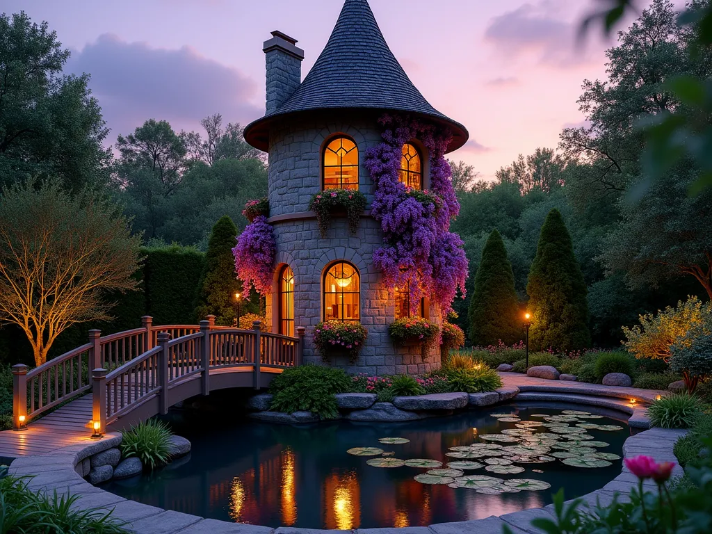 Enchanted Princess Tower Garden at Twilight - A magical 12-foot garden tower structure with stone-textured walls and a pointed turret roof, photographed at twilight in a lush backyard garden setting. Purple wisteria and pink climbing roses gracefully cascade down the tower's sides. Ornate wrought iron window boxes overflow with colorful impatiens and trailing ivy. Warm golden fairy lights twinkle through the foliage and around arched windows. A charming wooden drawbridge crosses over a circular reflecting pool filled with water lilies and surrounded by glowing landscape lights. The tower is centered in the frame with a wide-angle perspective, capturing the entire structure and its reflection in the still water. Soft purple and orange sunset clouds visible in the background.