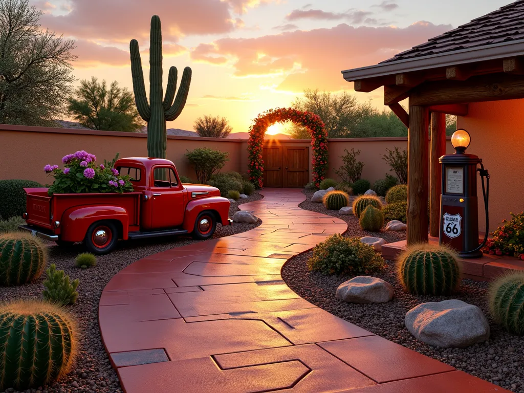 Route 66 Desert Garden Paradise - A stunning wide-angle dusk shot of a backyard desert garden themed after Disney's Cars and Route 66. Golden sunset light illuminates a winding miniature racetrack pathway made of red-tinted concrete, bordered by carefully arranged cacti and vibrant succulents. A restored vintage red 1950s pickup truck serves as a centerpiece planter, filled with flowering desert plants. Weathered Route 66 signs and rustic gas station memorabilia are artfully placed throughout. Small LED lights embedded in the pathway create a magical glow. Desert landscaping includes barrel cacti, agave plants, and golden barrel cacti arranged in naturalistic clusters. A small rustic gas pump replica stands near a wooden arbor covered in climbing desert roses. The scene is photographed in hyper-realistic style with dramatic lighting and careful attention to detail, creating a perfect blend of Disney whimsy and desert garden aesthetics. Photorealistic, architectural photography, landscaping photography