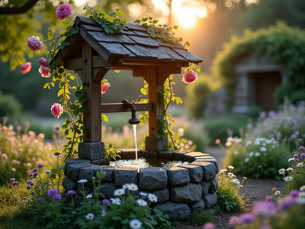 Snow White's Enchanted Wishing Well at Twilight - A magical twilight garden scene featuring a weathered stone wishing well as the centerpiece, photographed with a wide-angle lens at f/2.8. The well is crafted from natural gray stones with a rustic wooden roof and vintage iron crank. Climbing pink and white roses gracefully wind up the well's structure, while clusters of white daisies, purple wildflowers, and forget-me-nots create a dreamy cottage garden border. Soft garden lights illuminate the well from within, casting a warm glow on the trickling water. English ivy and wisteria vines drape naturally around the scene, creating an enchanted forest atmosphere. Golden hour lighting filters through nearby trees, creating magical light rays that highlight the gentle mist from the flowing water. Shot from a low angle to emphasize the fairytale quality, with soft bokeh in the background.