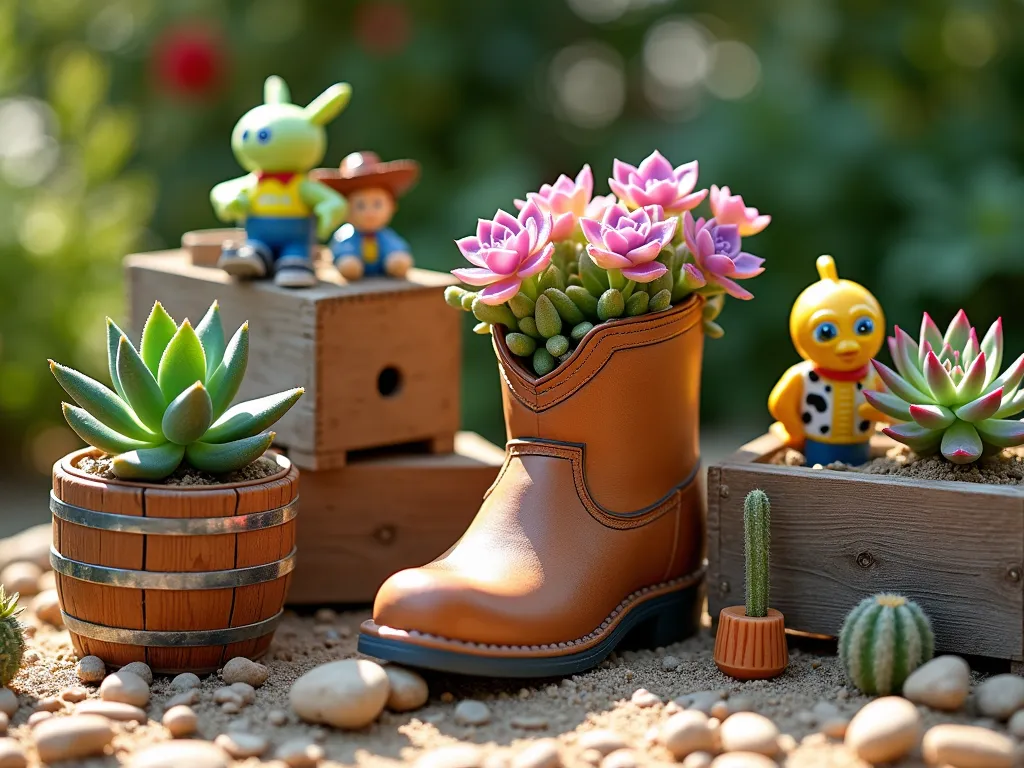 Toy Story Succulent Garden - Close-up shot of a whimsical garden display featuring vibrant succulents arranged in repurposed Toy Story-themed planters. A vintage Woody boot planter takes center stage, filled with pink and purple echeveria rosettes. Surrounding it are creative DIY planters made from Buzz Lightyear action figures and toy aliens, each housing colorful jade plants and desert roses. The arrangement sits on rustic wooden crates creating levels, with miniature cacti in toy barrel planters adding Western flair. Small plastic army men figures are strategically placed between plants, creating playful scenes. Warm afternoon sunlight casts gentle shadows, highlighting the rich colors and textures of the succulents. Natural stone pebbles and desert sand create pathways between the planters, completing the Toy Story-inspired garden vignette.