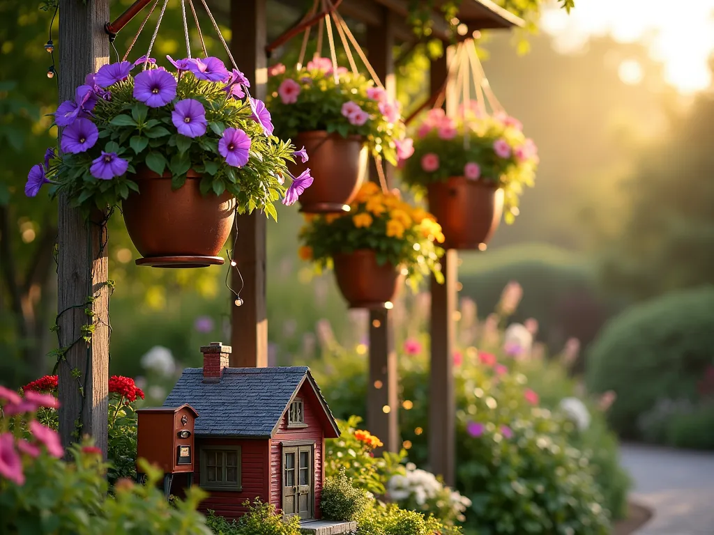 Whimsical Up-Inspired Balloon Garden Display - A charming garden scene at golden hour featuring a vertical arrangement of hanging baskets cascading with vibrant flowering plants, creating the illusion of floating balloons against a wooden trellis. The display includes purple clematis, pink petunias, yellow marigolds, and red geraniums in globe-shaped baskets. Below sits a quaint miniature Victorian-style house replica, weathered to perfection, with a vintage copper mailbox beside it. Climbing morning glories wind their way up copper pipes connecting the baskets, while fairy lights twinkle between the 'balloons'. Shot from a slight low angle to emphasize the floating effect, with soft bokeh in the background showing a misty garden. Photographed with natural sunset lighting casting warm golden hues across the scene, 16-35mm lens at f/2.8, ISO 400.